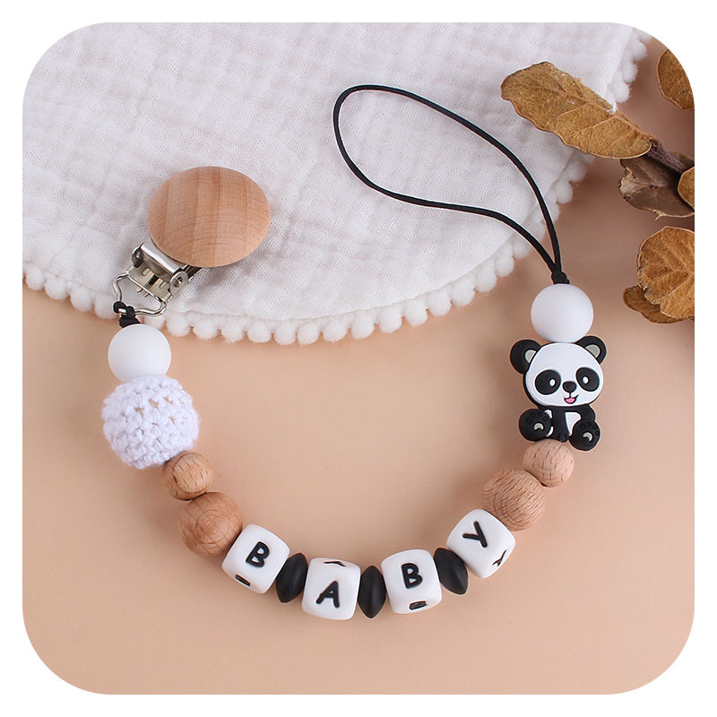 Nombre del bebé personalizable Panda chupete cadena Bebé haya chupete clip de dibujos animados Panda cuentas de silicona juguete mordedor