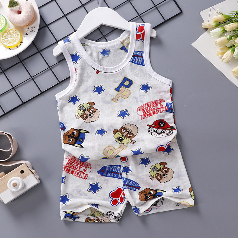 新款儿童背心套装夏季薄款1-3-5岁男童跨栏背心汗衫无袖两件套装