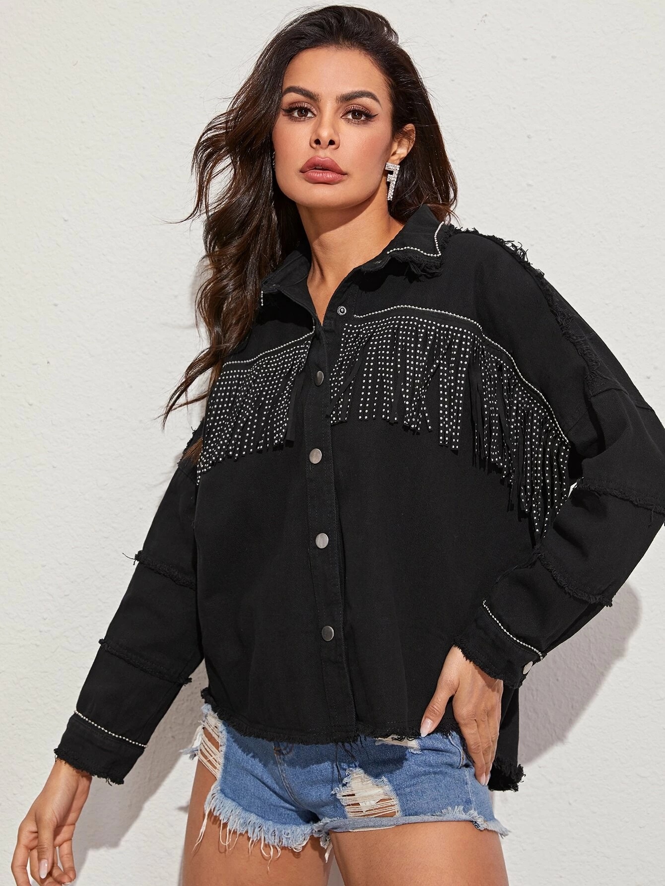 tassel frayed beaded loose long sleeve denim jacket NSFH129998