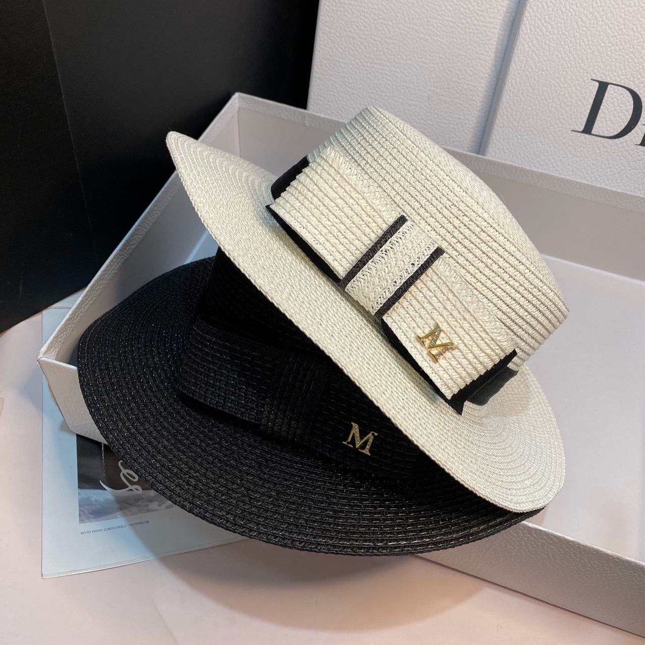 Japanese straw hat summer Dilraba style bow flat top sun hat, wide-brimmed sun hat for outings and sun protection detail image 4