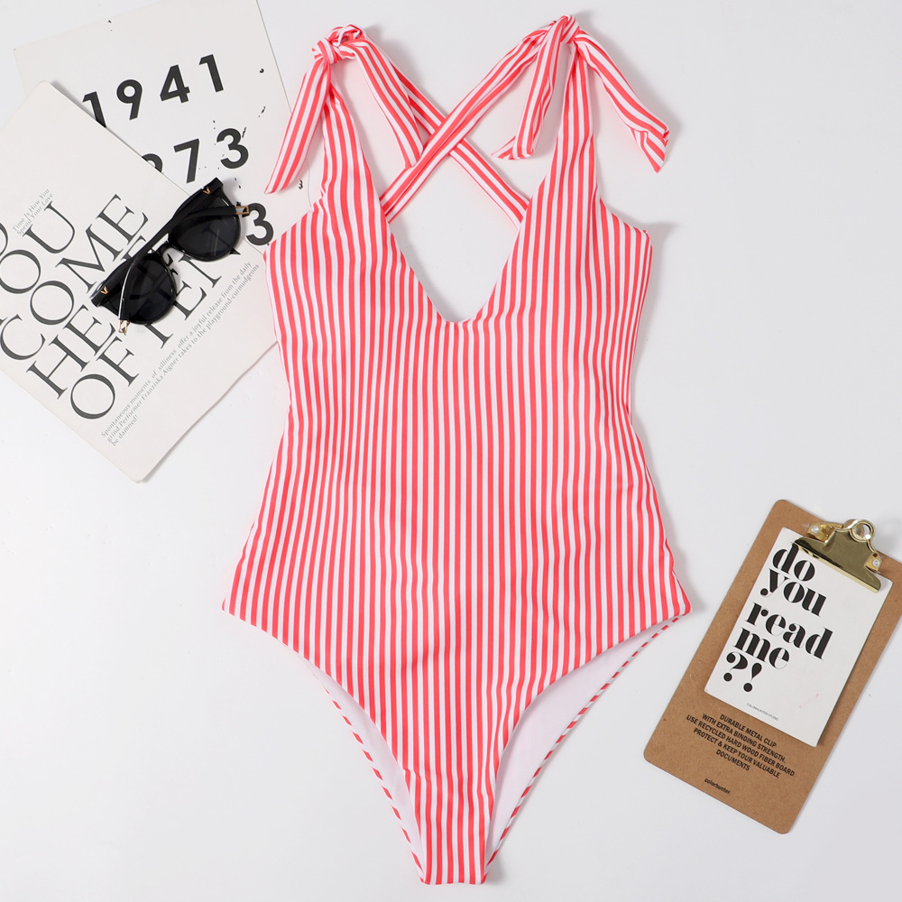 striped bow knot lace one-piece swimsuit  NSHL20399