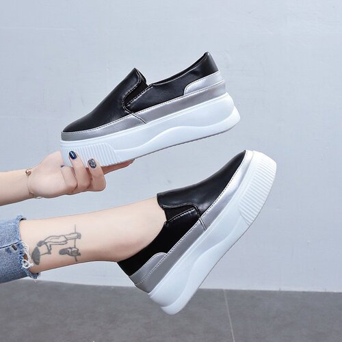 Summer  Popular Thick Sole White Leather Loafers with Invisible Heels 2020 Summer and Autumn Style Korean Version Slip-On Comfort Shoes