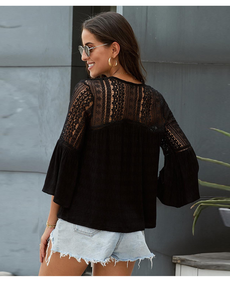 loose hedging hollow v-neck trumpet sleeve lace shirt  NSSI2415