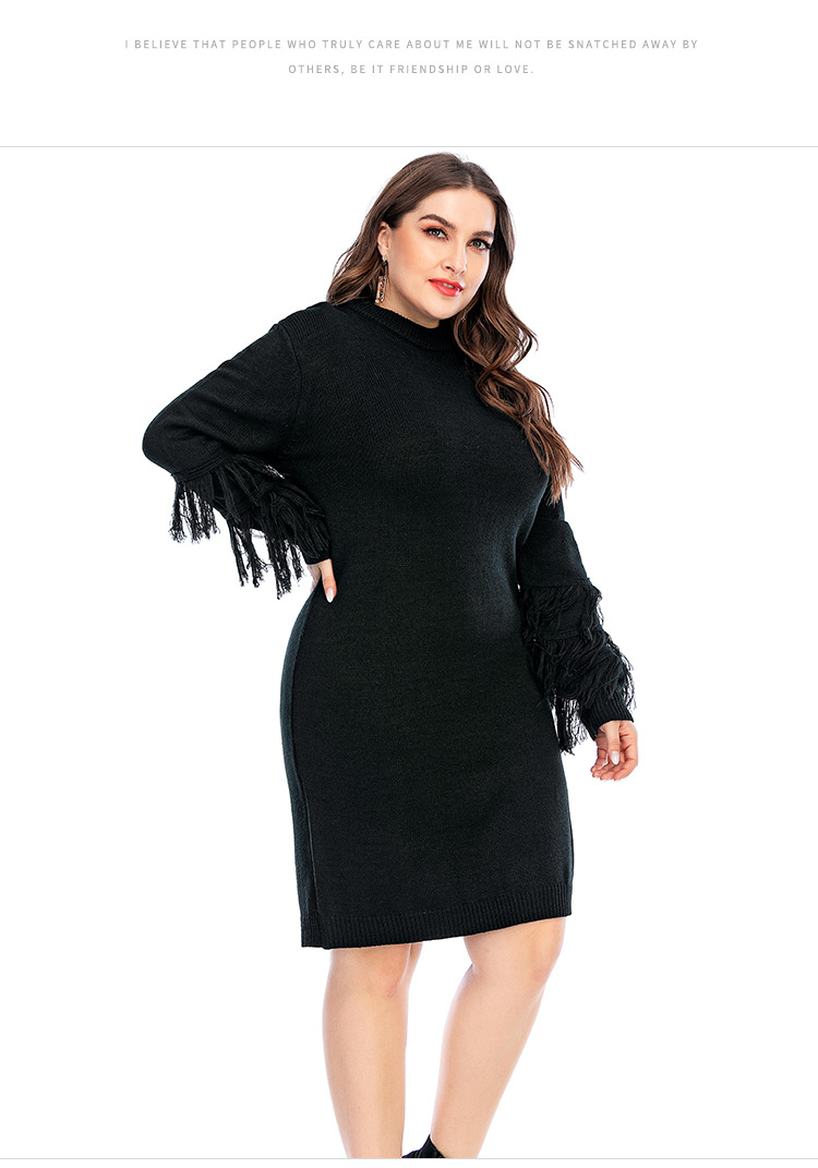 hot style autumn plus size women s black dress tassel loose long knit sweater NSYH7148