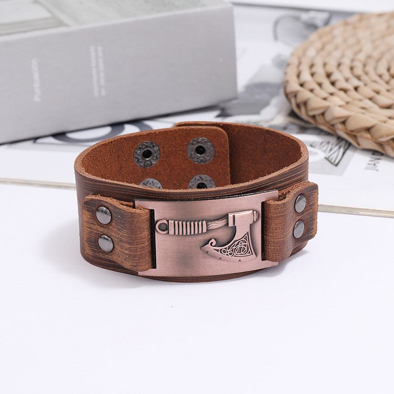 Viking Tomahawk Leather Retro Simple Punk Menu0027s Locomotive Wide Leather Bracelet wholesale nihao