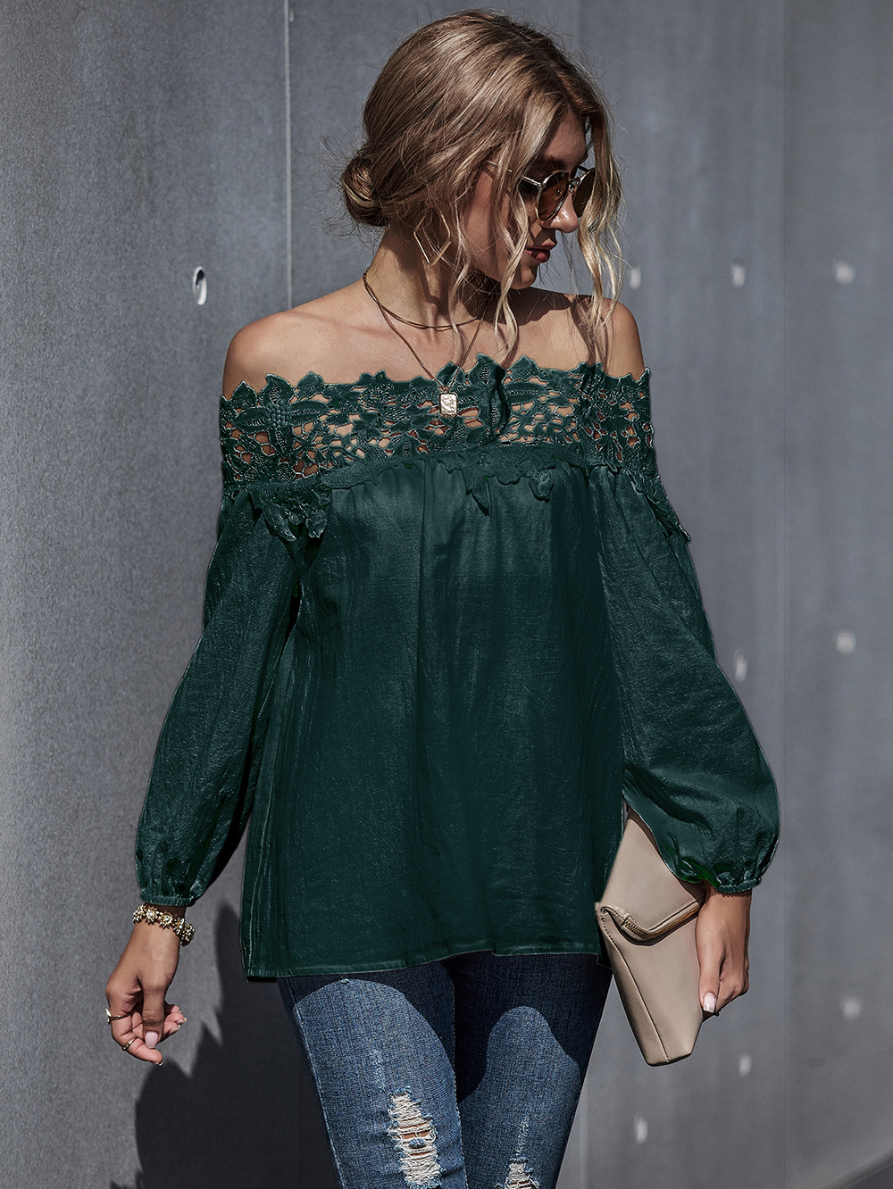 autumn and winter new women s lace stitching sexy one-shoulder puff sleeve blouse NSDF339