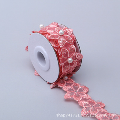 En stock 3,3 cm de una sola capa de flores bordadas de seis pétalos de flores orden perla encaje de organza de encaje ropa de falda de DIY