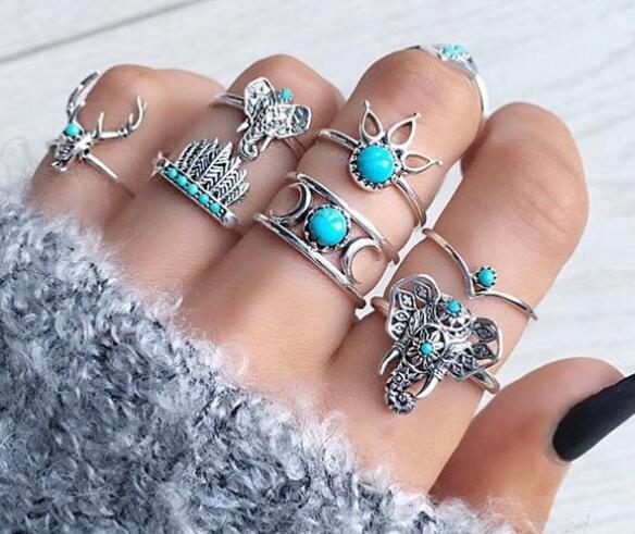 New Jewelry Animal Deer Head Elephant Ring 7 Piece Feather Moon Turquoise Ring Set display picture 4