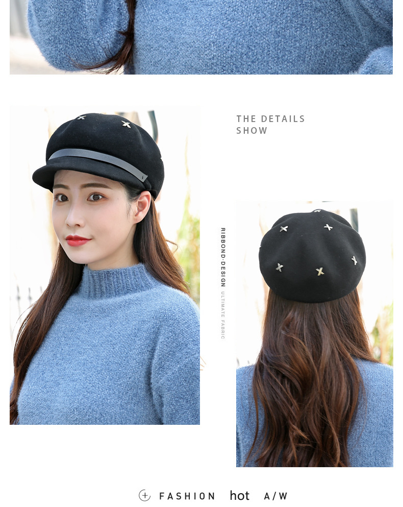 Mũ beret nữ vải dạ len phong cách Anh, mũ bát giác mùa thu đông ấm áp — Dây trang trí Kaki nhạt (tất cả len) chi tiết 14