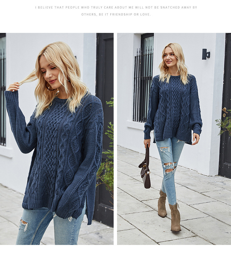 cable slit crew neck sweater  NSYH7152