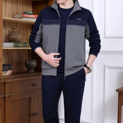中老年運動套裝男士爸爸秋裝休閒三件套拼色父親運動服套裝男春秋