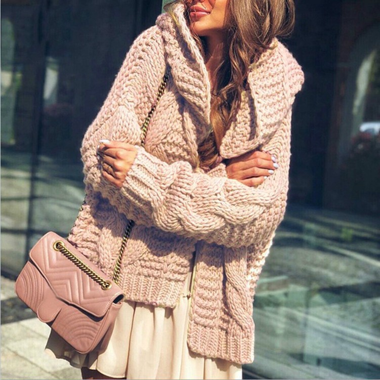 Suéter de Punto Grueso de Color Sólido Estilo Europeo y Americano, Cárdigan con Gorro Trenzado, Nuevo y Más Vendido en Amazon para Otoño/Invierno 2025