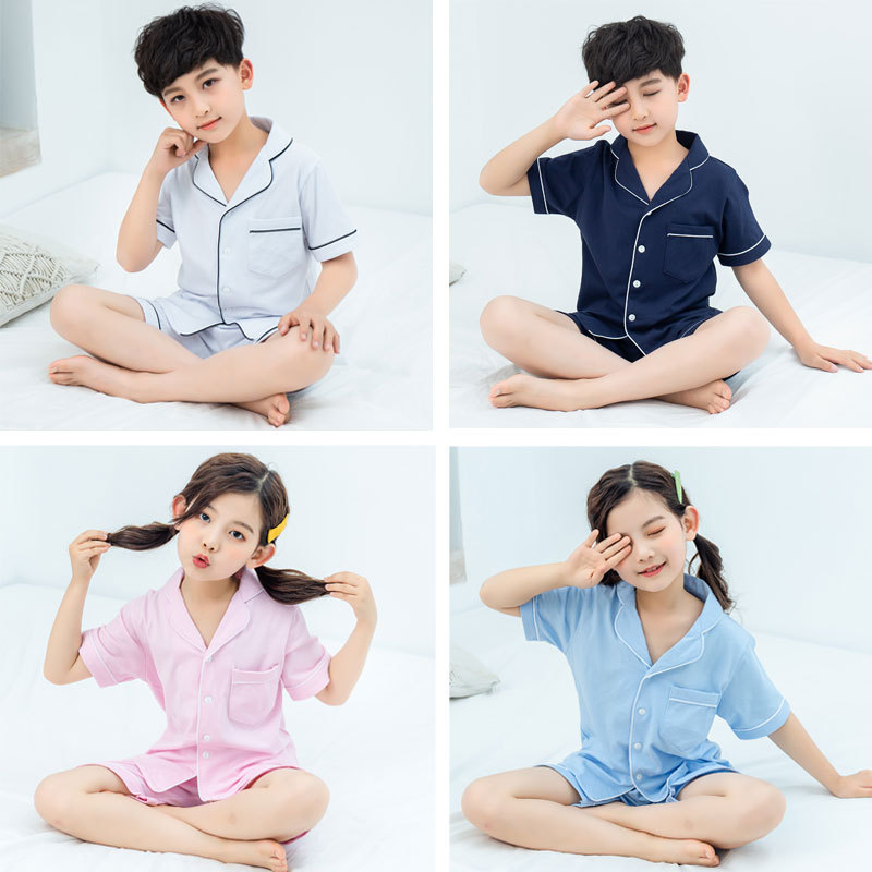 Korean Foreign Trade Boys' Pajamas Summer Thin Pure Cotton Cardigan Children's Home Clothes Suit Girls' Pajamas Parent-Child Clothes