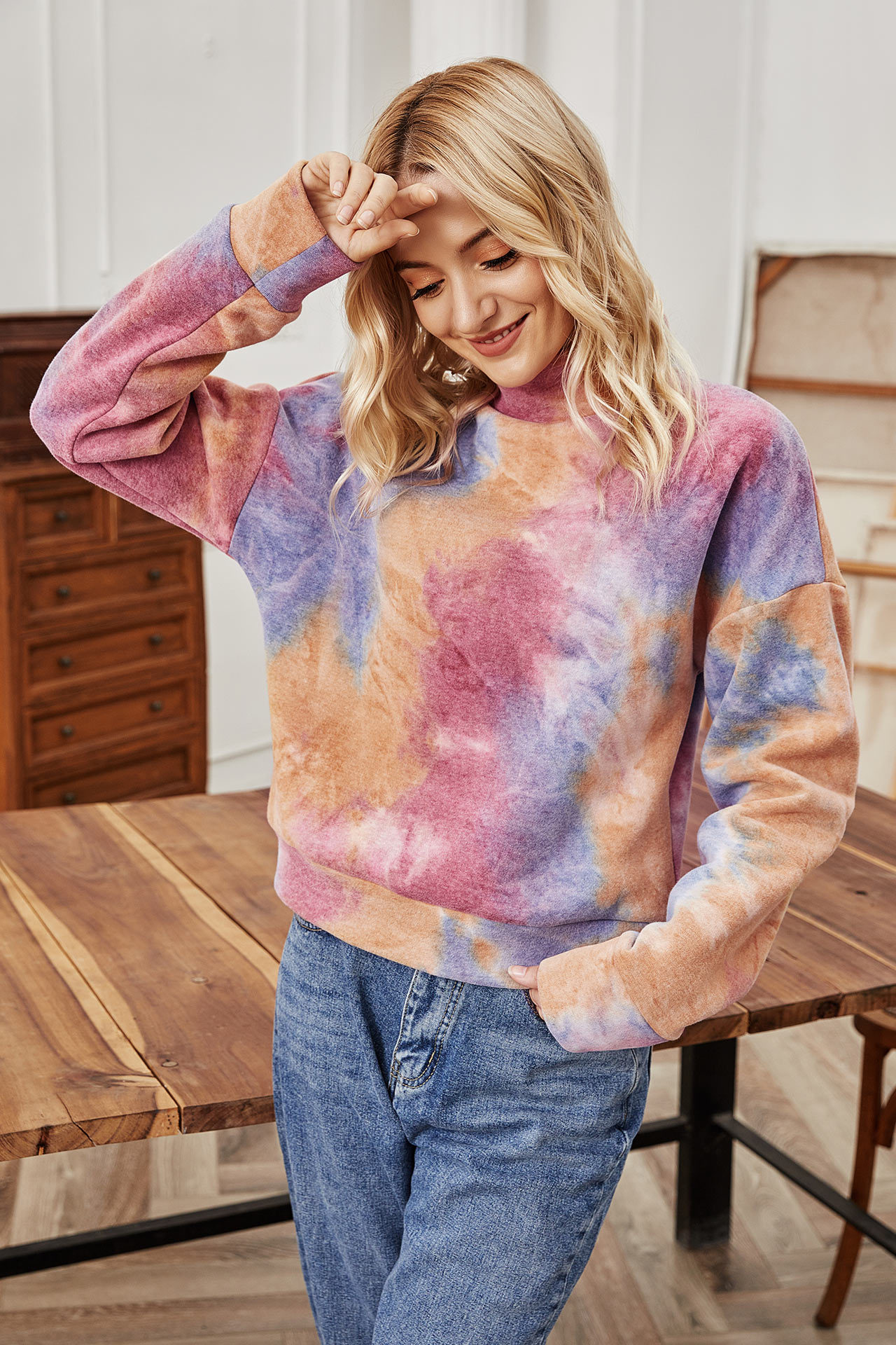 Autumn and winter long-sleeved high-neck tie-dye sweatshirt NSLM29043