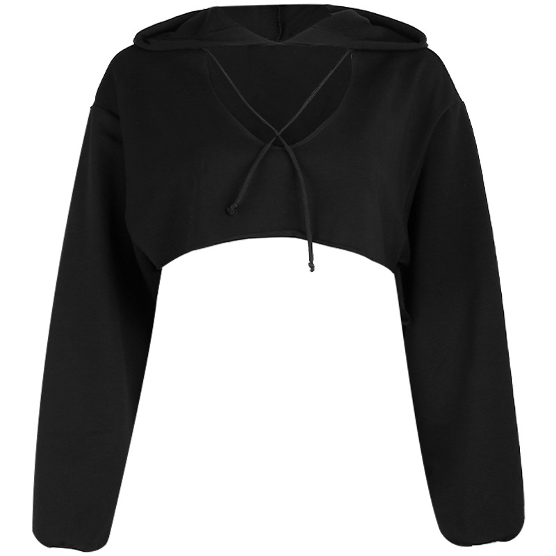 sexy hollow short cropped hooded black sweatshirt NSMEI54865