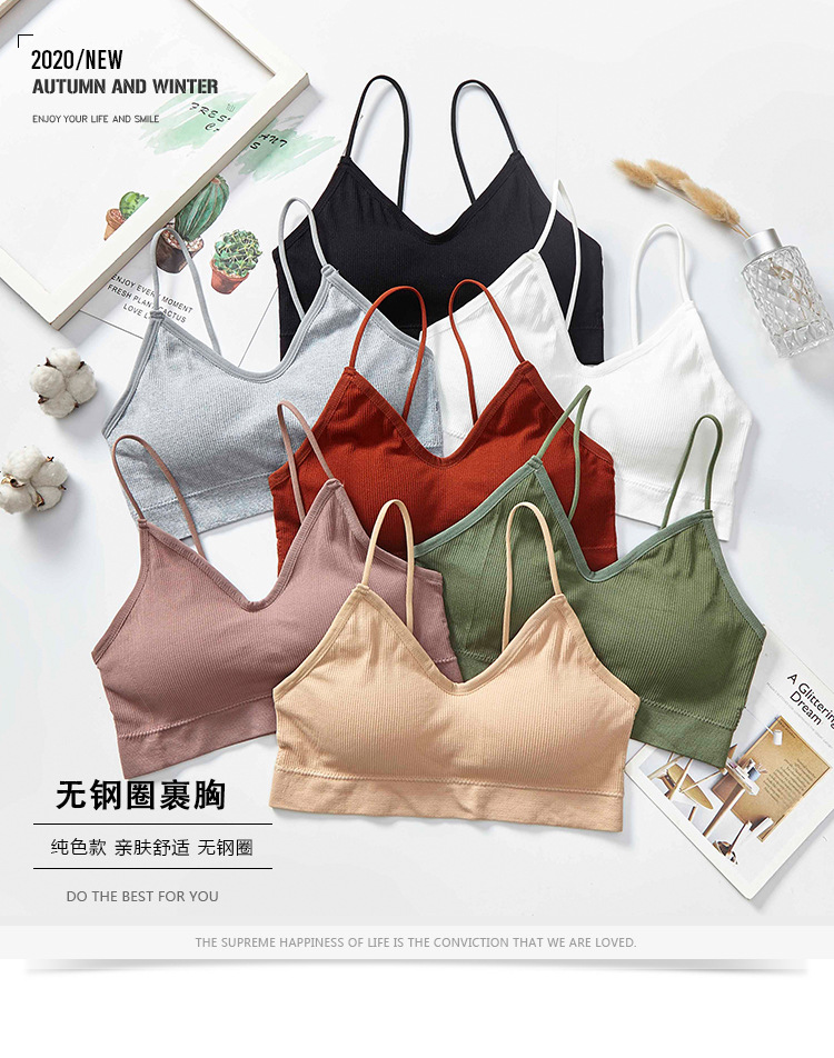 Threaded halter, beautiful back, chest wrap, fine shoulder strap, comfortable and breathable, solid-color underwear with chest pad, women's vest without steel ring detail image 1