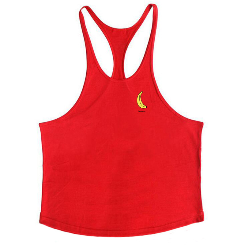 Nuevos hombres sexy de corte bajo correa de hombro delgada fruta impresa Chaleco de algodón plátano fitness chaleco deportivo de verano