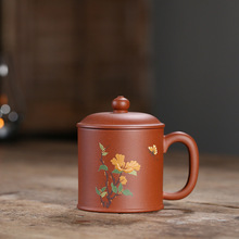 紫砂小品盖杯 宜兴纯全手工泥绘山水花鸟办公室茶杯女士用