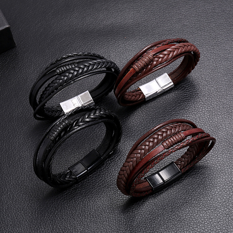 Retro hand-woven menu0027s leather simple multilayer alloy magnet buckle leather bracelet nihaojewel