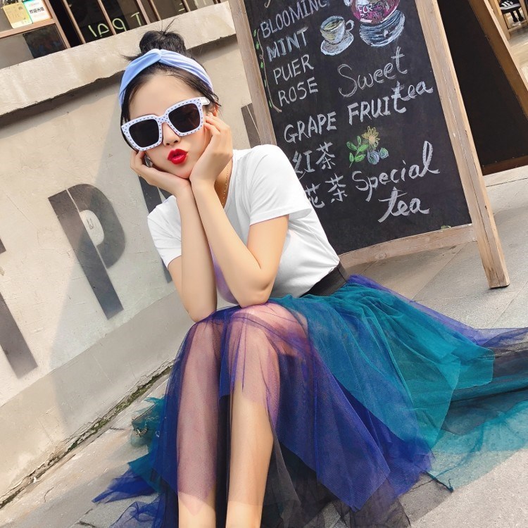 Patchwork Design Summer Spring Autumn Fashion Tie Dye Polyester Knee-length Skirts