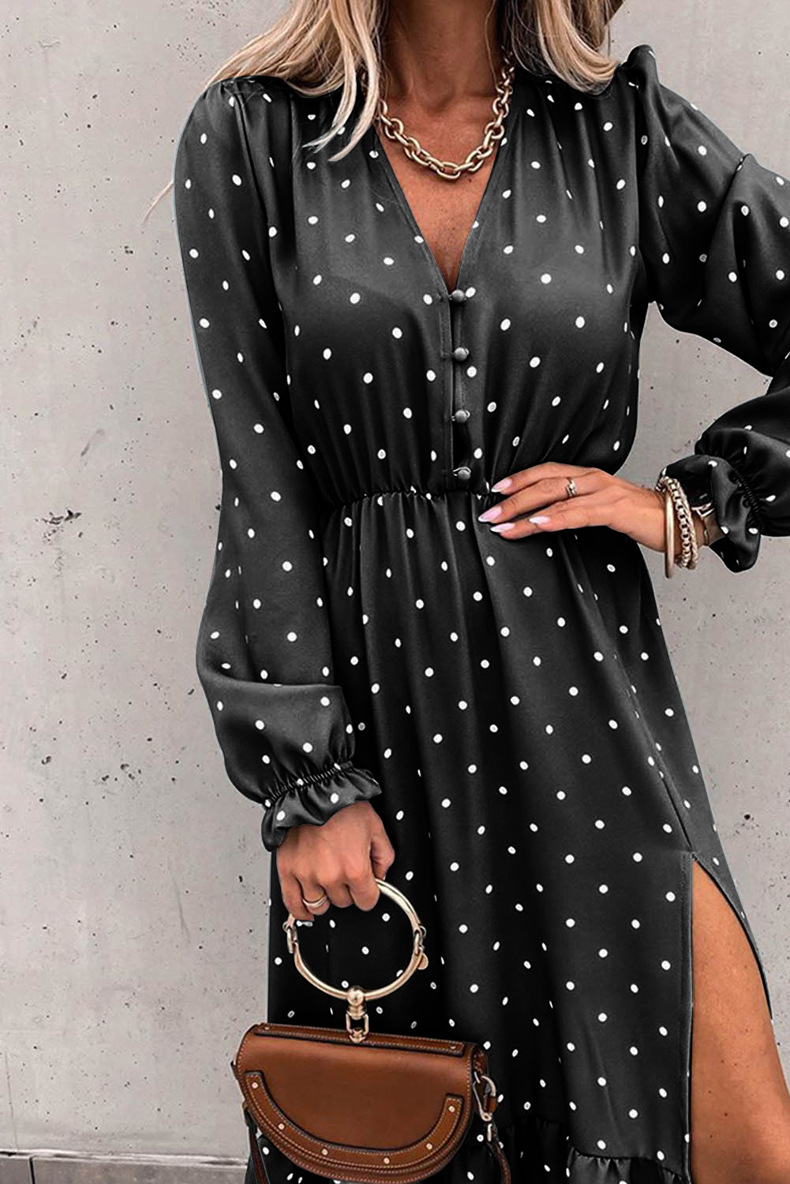 Wave Dot Print V-Neck Long-Sleeved Hedging Slit Dress NSQSY78175