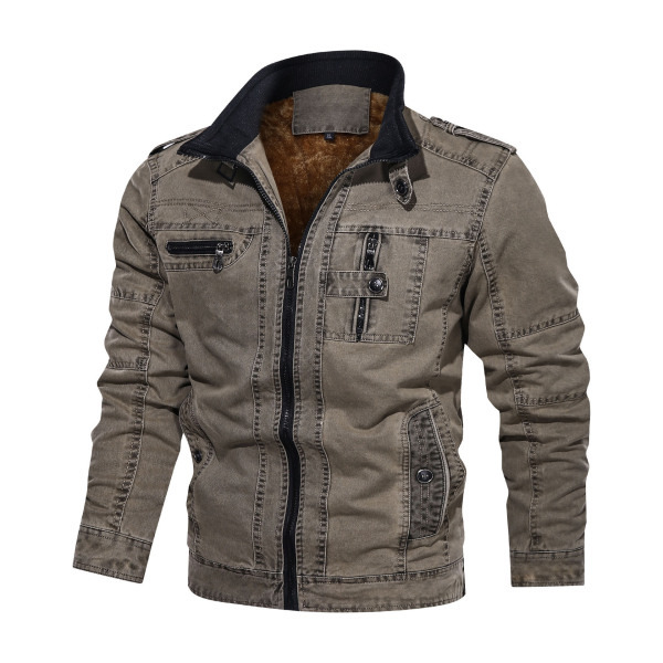 Autumn and winter men’s stand collar plush cotton denim jacket casual jacket man