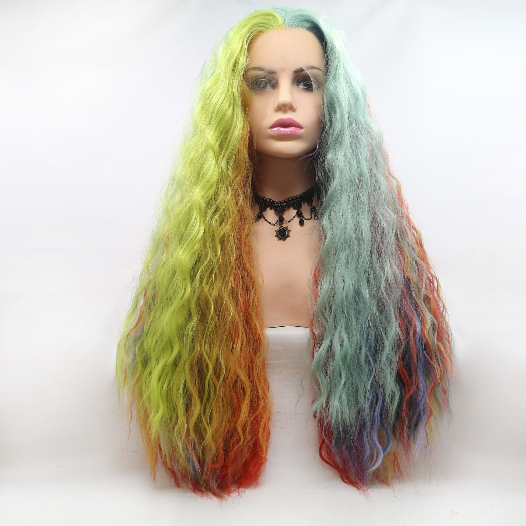 Comercio exterior Europa y América moda fibra química pelucas multicolor gradiente cabello largo micro-roll de seda de alta temperatura cubierta de cabeza al por mayor