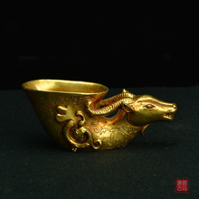 羊角杯纯铜鎏仿古战国羊角斛手工铜器雕刻饕鬄纹饰收藏古董把玩器