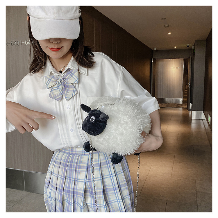 Plush Material Women's Plush Sheep Cute Cylindrical Zipper Crossbody Bag