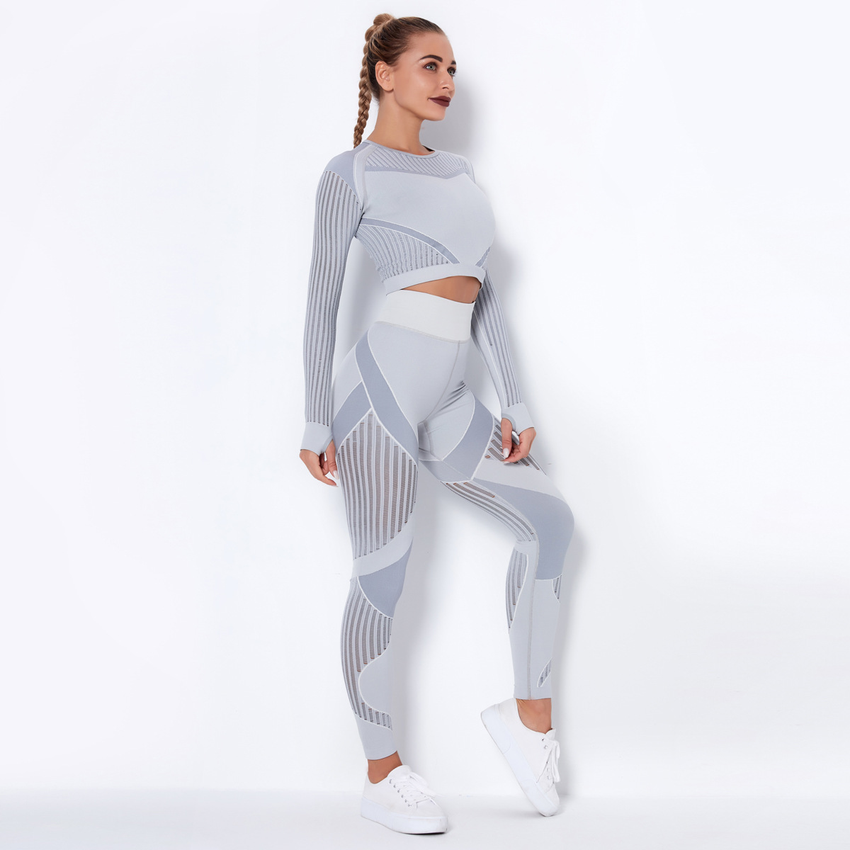 Seamless Mesh Quick-Drying Long Sleeve Striped Yoga Suit NSNS10714