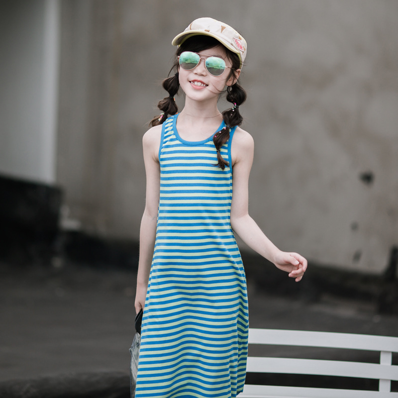 Niñas vestido 2023 nuevo verano estilo coreano niños grandes verano rayas chaleco falda casual sin mangas falda de los niños