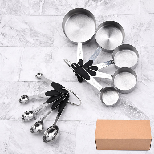 Set of 10 stainless steel measuring cups and spoons, including black silicone measuring cups, baking tools