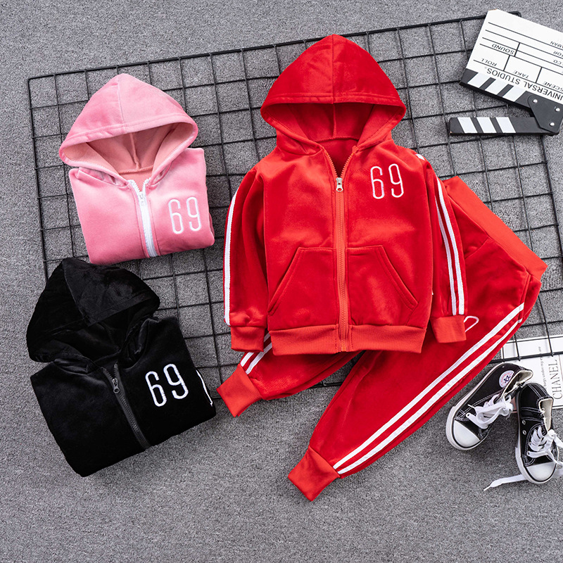 2020新款秋冬款儿童套装运动休闲金丝绒两件套男童女童装一件代发