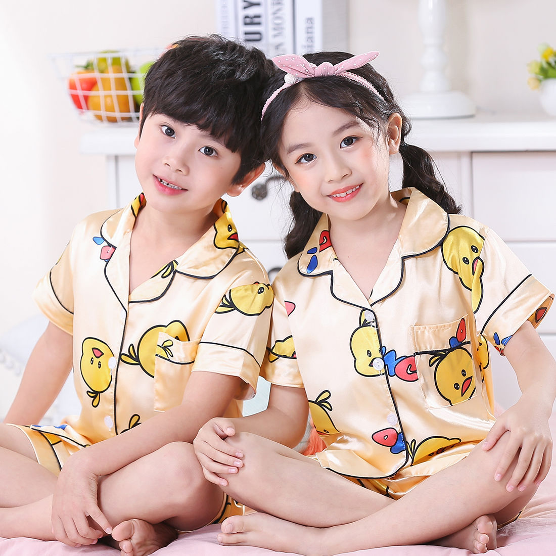 儿童睡衣夏季短袖仿冰丝男女童薄款家居服套装小孩宝宝中大童开衫|ms