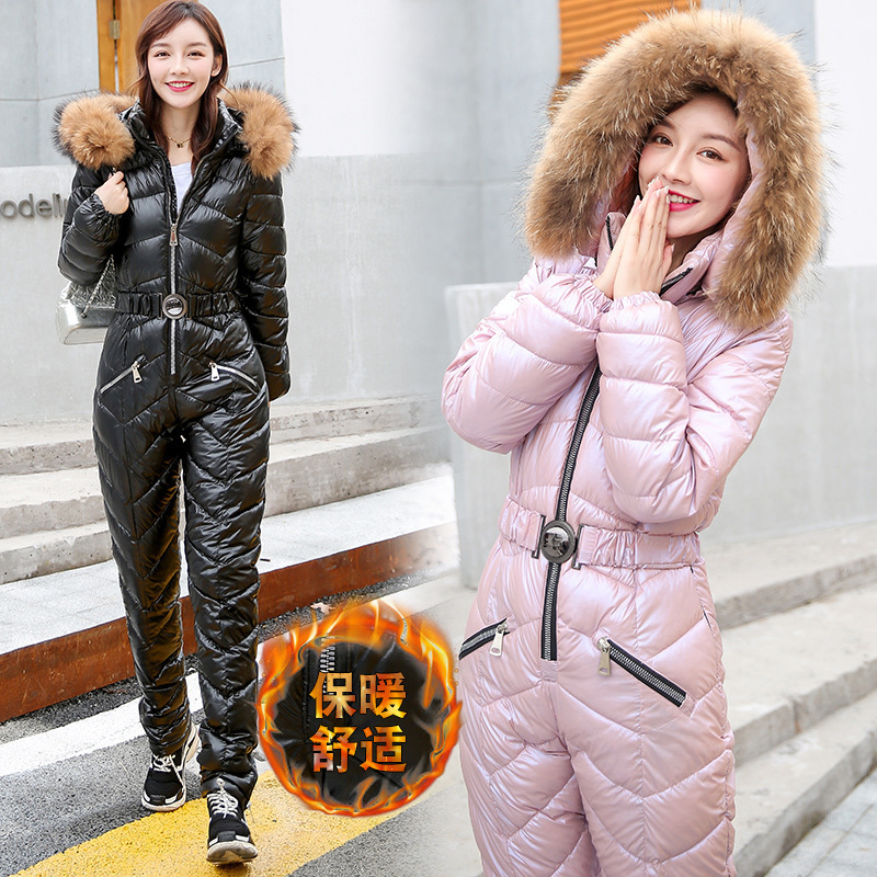 外贸棉衣女2020冬季新款户外休闲连体滑雪服套装修身加厚羽绒棉服