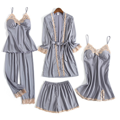 Autumn and winter new pattern lady Borneol pajamas Five-piece With a chest pad sexy braces skirt shorts robe Home service package