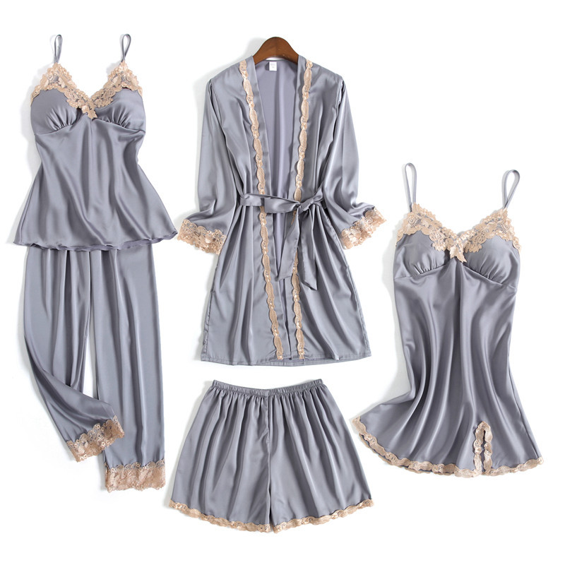 Autumn and winter new pattern lady Borneol pajamas Five-piece With a chest pad sexy braces skirt shorts robe Home service package