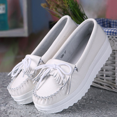 New Style Korean Casual Thick Sole Leather Shoes, Low-Top Women's Shoes with Jelly Sole, Heel Increase, Fringe Nurse Shoes, Genuine White Leather for Women