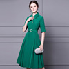 Zhili Yujie fan dress 2020 new early autumn green diamond button mid length belt with waist closing shows thin A-line sk