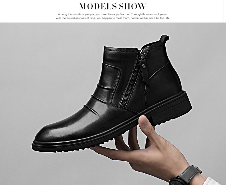 Mittelhohe Lederschuhe, lässige kurze Stiefel, Lederstiefel mit seitlichem Reißverschluss, warme Schneestiefel_voghion.com