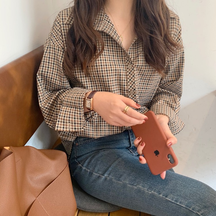 跨境春季新款韩版通勤复古棕色格子衬衫女宽松长袖打底衬衣外套潮