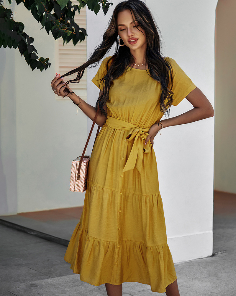 Spring And Summer Waist Simple Solid Color Dress For Women in Dresses