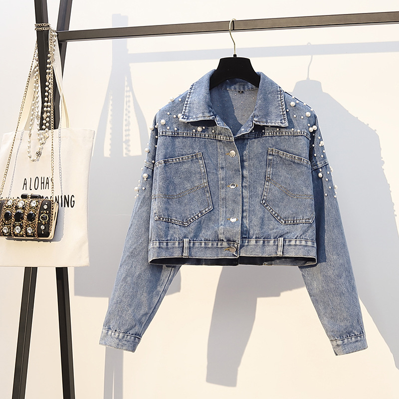 跨境电商大码女装遮肉显瘦短款百搭钉珠牛仔外套一件起批包邮发货