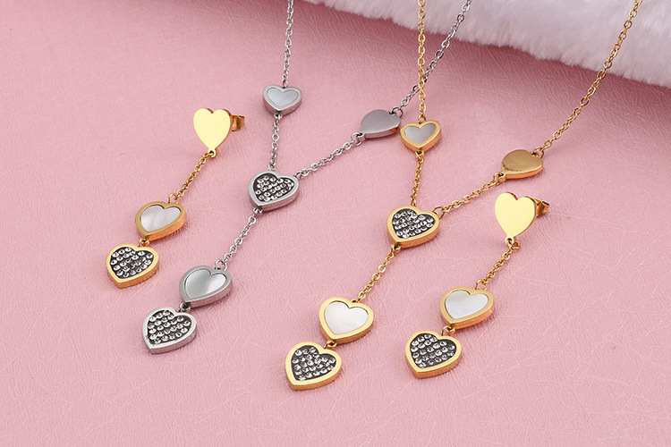 Korean temperament love titanium steel diamond necklace shell wild earrings set wholesale