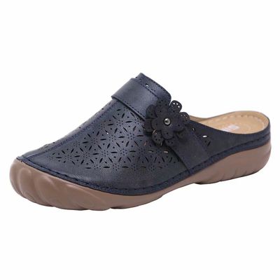 跨境2020年新款外贸大码坡跟翘嘴车缝线花朵镂空冲孔平底拖鞋批发