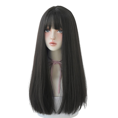 Wig women's long hair full headband black long straight hair natural air bangs whole top hair realistic wig manufacturer wholesale