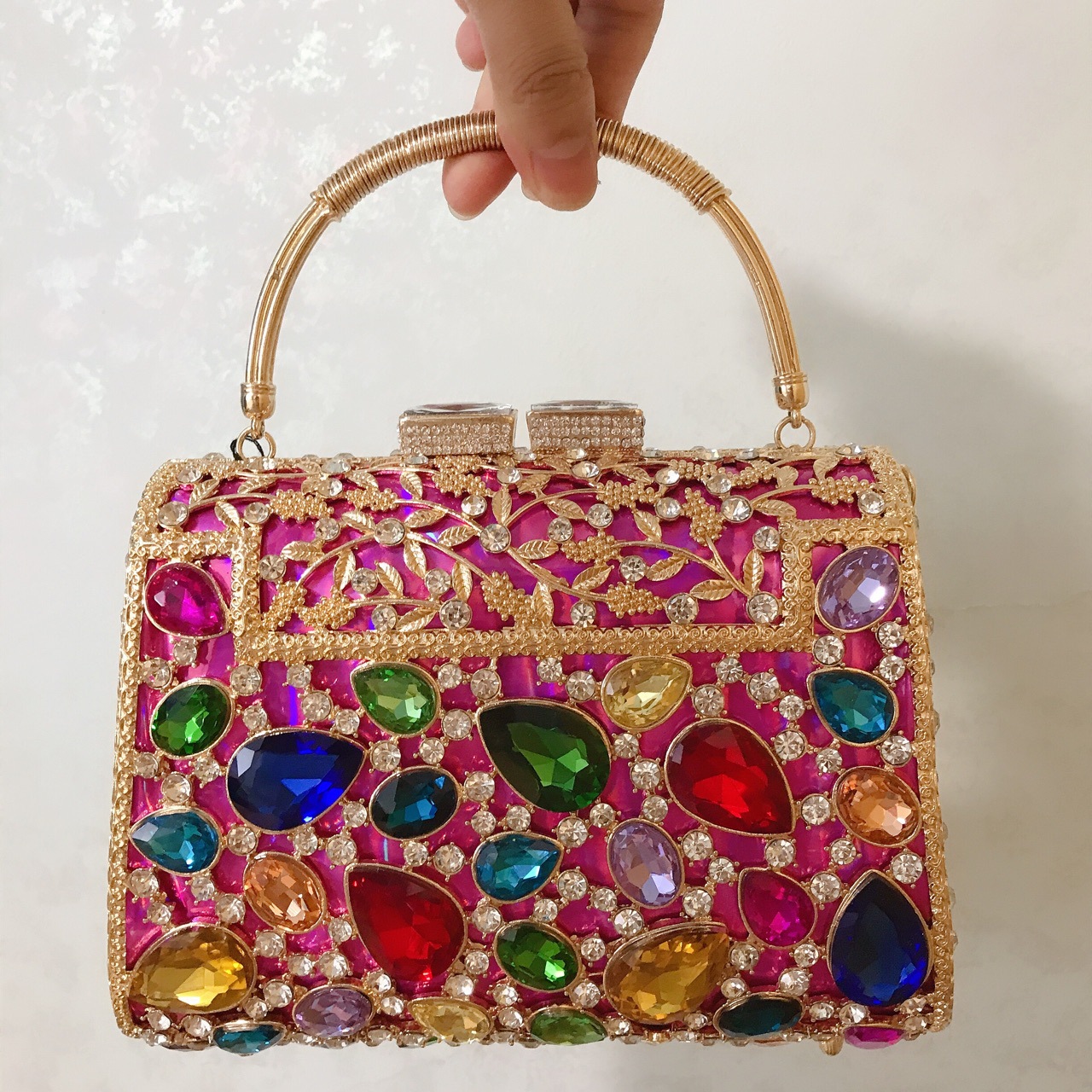 Túi clutch dạ tiệc nữ đính đá quý kim cương phong cách Âu Mỹ, kích thước 19×13.5×7 cm — Hoa violet chi tiết 9