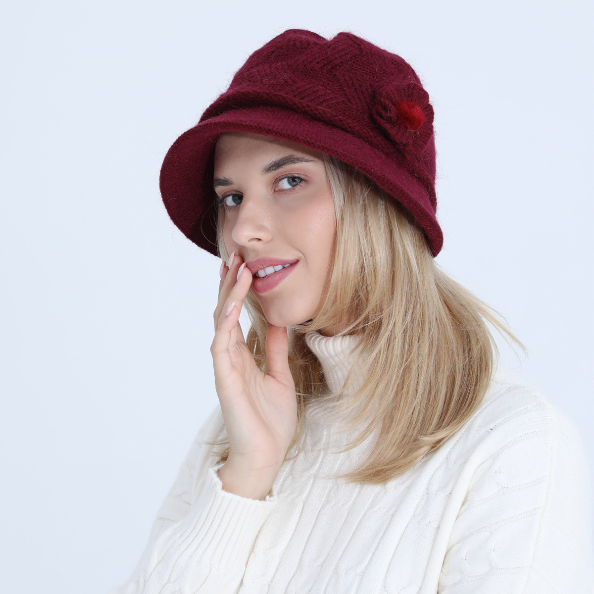Gestrickte Damen Mütze Mit Kaninchenhaar Warm Für Den Winter_voghion.com