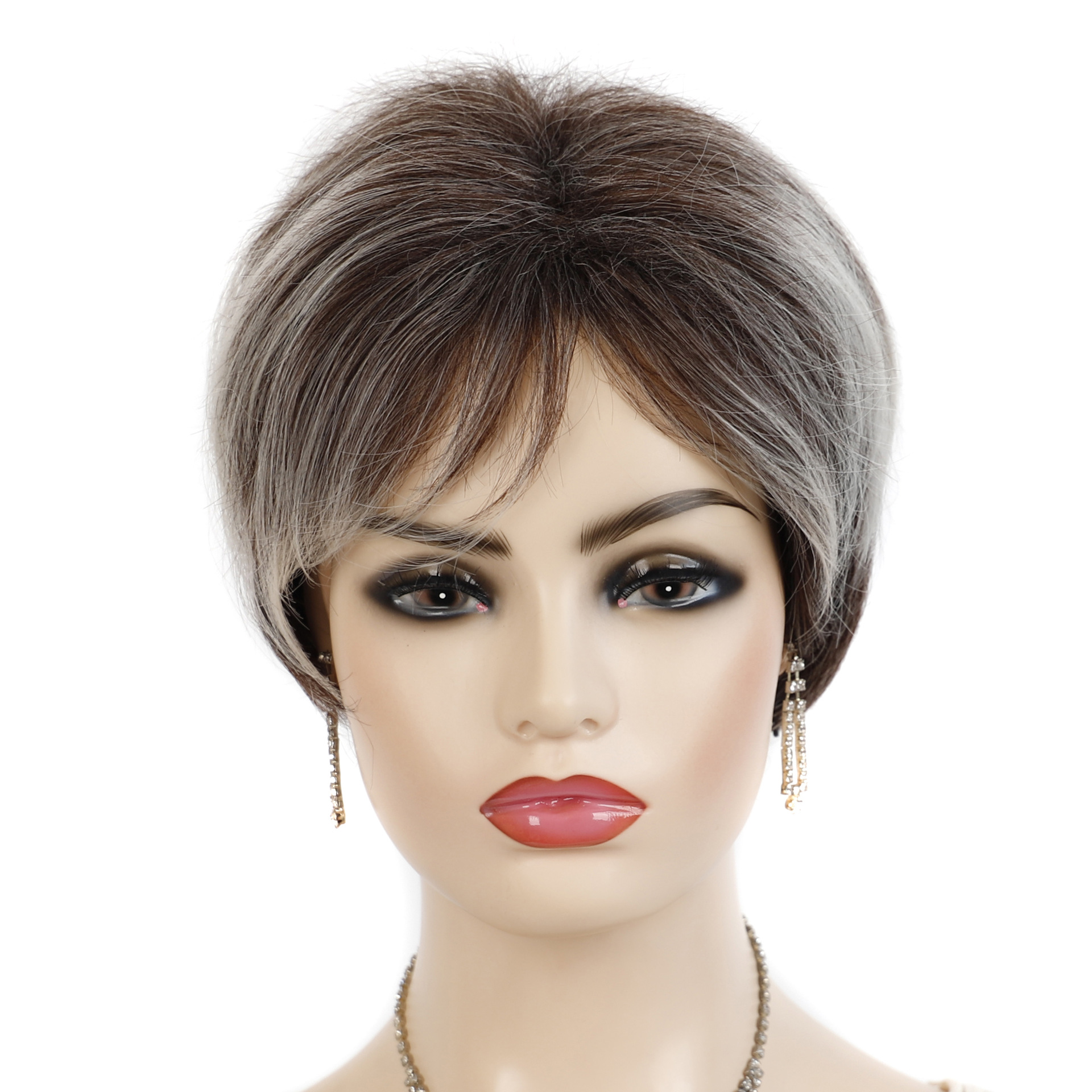 Source of wigs for export: Red brown short hair wig with oblique bangs Brown and white short wig headgear_voghion.com