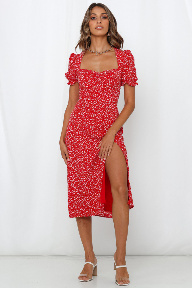 square collar lantern sleeve hem slit printed dress NSYD3887